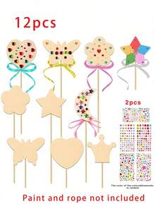 12 Pieces Of Handmade Wooden Products, 2D Fairy Wands, Magic Wands, Princess Wands, Puzzles, Hand-Painted Wood Pieces, DIY Suitable For Birthday Parties, Christmas, Easter And Other Festivals (2 Wands Of Each Shape, 2 Stickers, Random Colors).