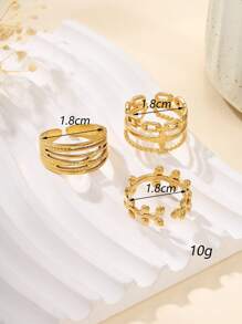 3pcs Stainless Steel Gold-Tone Multi-Layer Leaf Shaped Ring Set, Exaggerated Fashion, Suitable For Women's Daily Decoration Or Gift