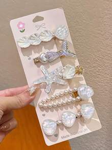 5件套女士优雅简约清新美人鱼尾、海星、贝壳、珍珠、爱心发夹，适合日常、上学、海滩、工作、派对、假日、生日礼物、返校季发夹、发爪、发卡、学习用品、珍珠发饰、发卡、母亲节礼物 - 彩色 - 查看 7