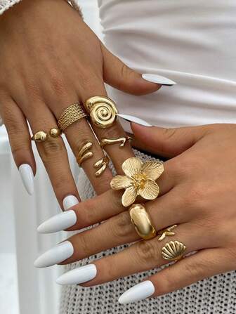 8pcs/Set Vintage Smooth Floral & Geometric Rings, Bohemian Starfish Personalized Rings, Suitable For Daily Wear, Parties, Festivals, Gifts, Multifunctional Fashion Accessories, Ideal For Valentine's Day, Mother's Day Gifts
