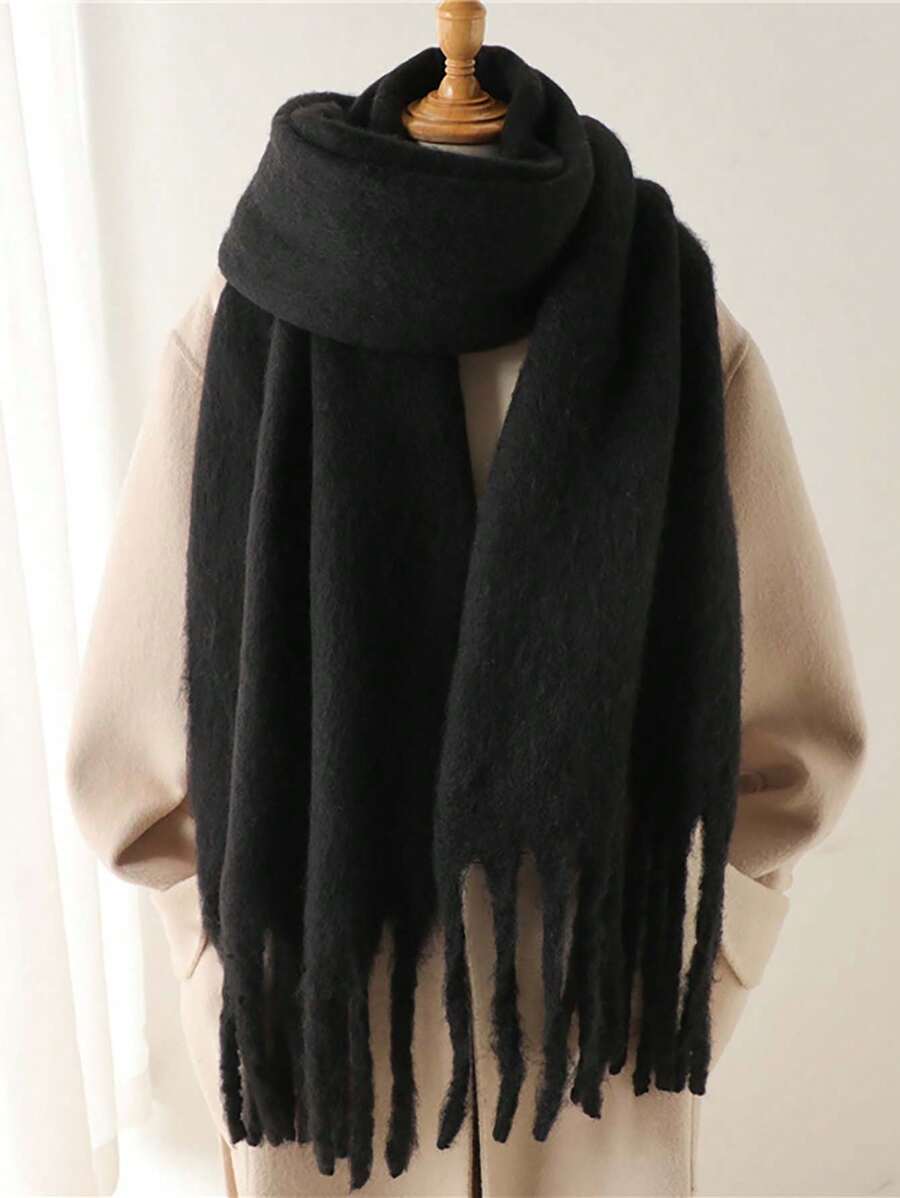 1pc Solid Color Scarf, Warm & Thick Knitted Wool, Tassel Decor, Suitable For Outdoor Wear In Winter