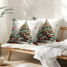 2pcs Christmas Tree Printed Pillow Cover Set - Peach Velvet Pillow Case 45*45cm
