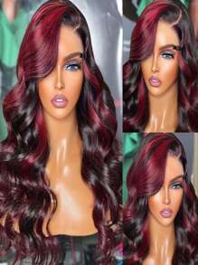 Parrucca frontale in pizzo trasparente HD con onde del corpo, evidenziata in bordeaux, parrucca in pizzo rosso ombré 99j, capelli brasiliani Remy pre-sfoltiti, lunghezza 34 pollici, per donne