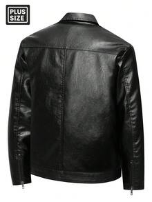 Chaqueta de cuero de motocicleta con forro térmico grueso para hombre talla grande, cuello, bolsillos con cremallera, para invierno - Negro - Ver 3