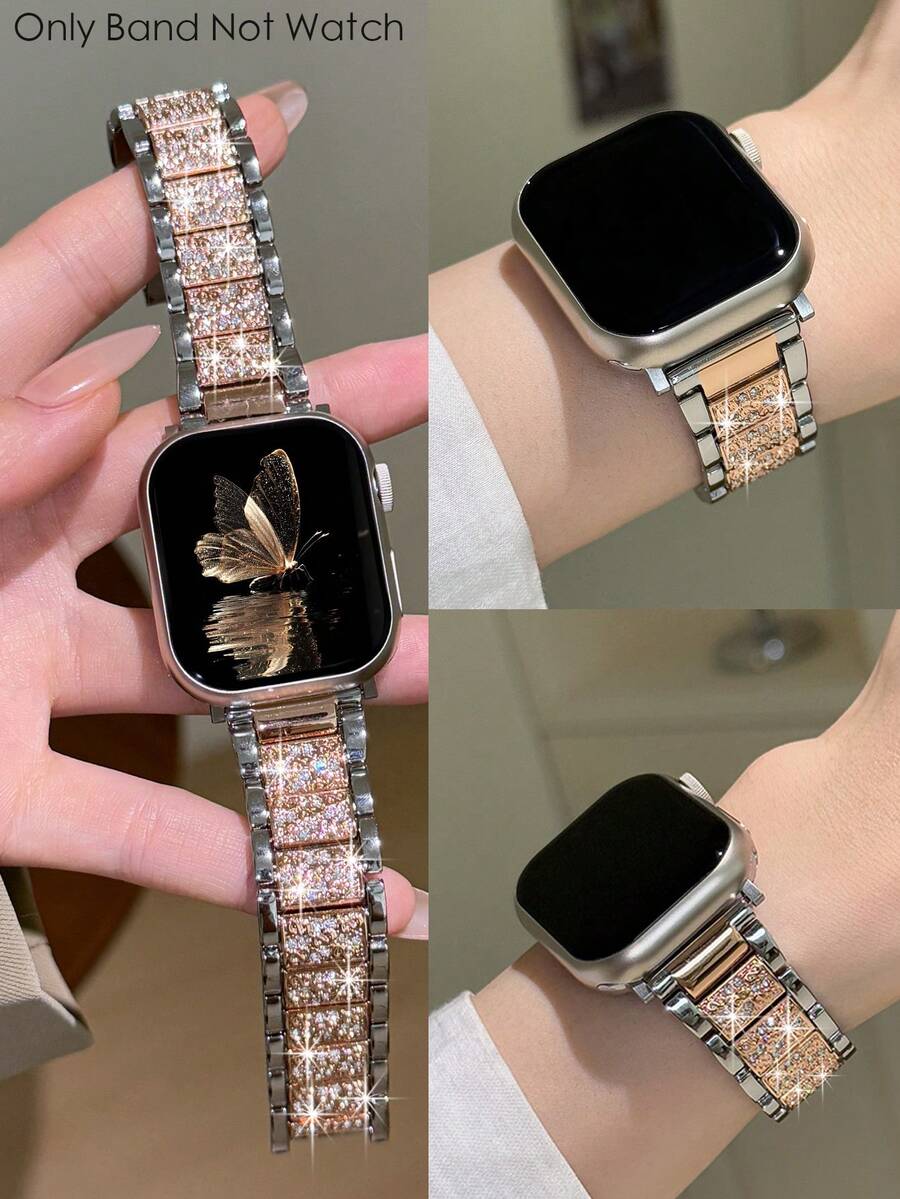 1条兼容苹果手表的表带，男女通用，锌合金材质，银色和玫瑰金双色金属表带，闪亮水钻复古表带，兼容苹果手表38/40/41/42/44/45/46/49毫米，休闲商务佩戴皆宜，兼容苹果手表Ultra/SE/10/9/8/7/6/5/4/3/2/1，配件