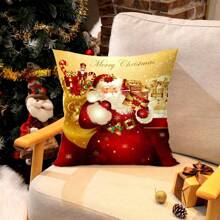 1pc/280pcs Christmas Theme Pillow Cover, Vintage Golden Santa Claus Element Pattern, Suitable For Christmas Living Room Bedroom Sofa Decor, 45x45cm Pillow Cover, Christmas Party Gathering Decor, Christmas Party Restaurant Decor, Party Atmosphere Decoration, Without Pillow Insert, Suitable For Daily, Holiday, Party, Birthday, Wedding, Dinner, Kitchen, Dining Room And Other Home Textile Decor - Vintage Golden Santa Claus - View 3