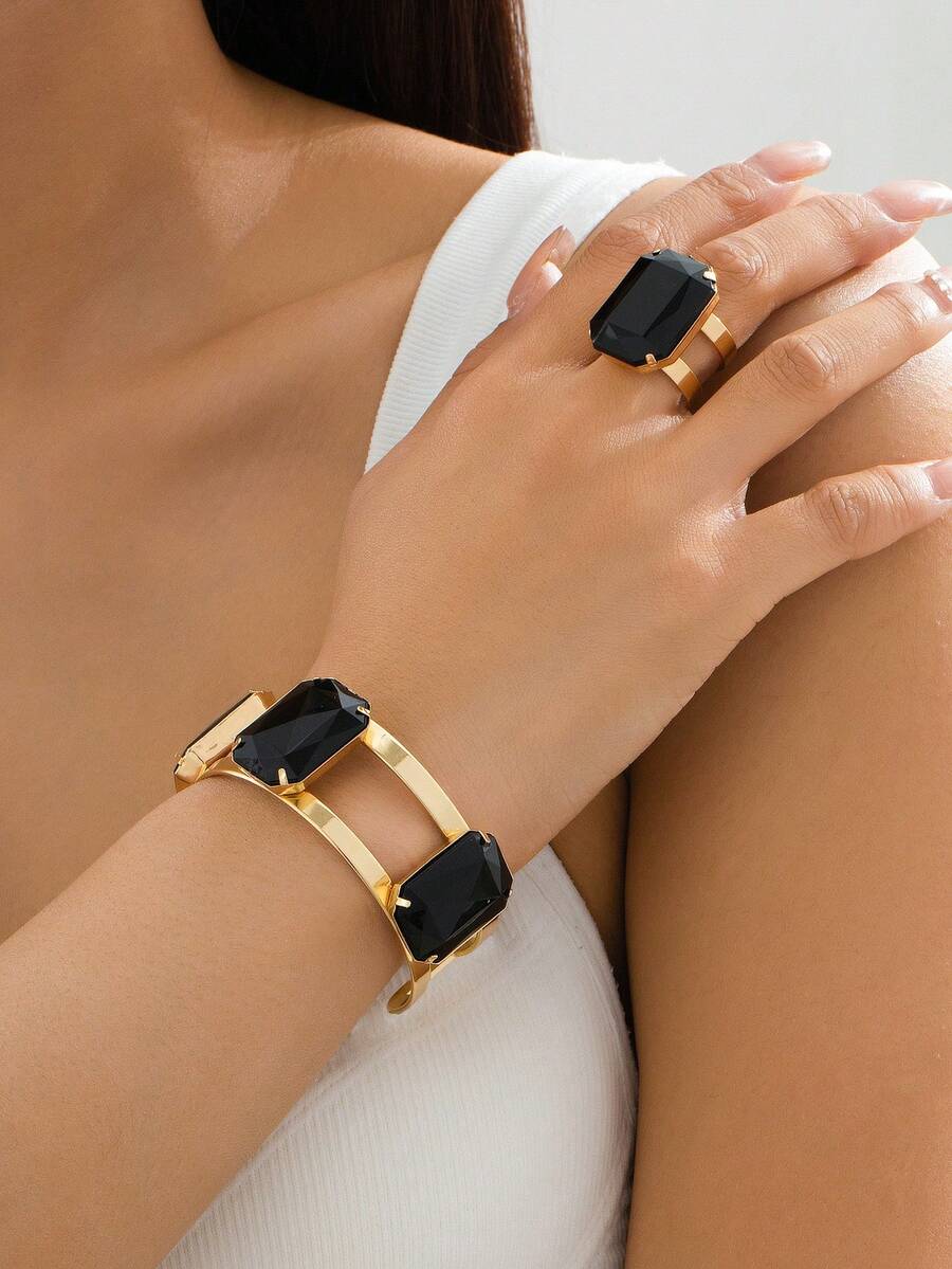 1 Bộ trang sức nhẫn và vòng tay nửa vòng đính ngọc trai khảm kim loại phóng đại, quà tặng - Đen - Xem 1