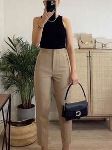 Pantalón Pinza  Liso    Elegante  Casual    Tela    Cremallera  Bolsillo    Pinza   Formal y de noche - Caqui - Ver 2