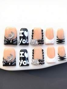 Y2K 10片装手工按压式美甲贴片，爱自己先于爱他人。这款鸭嘴美甲贴片，充分展现您的独特个性，适合任何场合、任何时间、任何人佩戴。美甲用品 - 黑色 - 查看 2