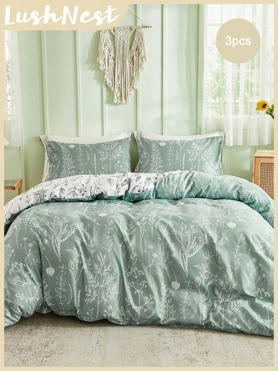 鼠尾草绿色花卉羽绒被套乡村农舍床上用品套装 3 件双面床上用品超柔软透气超细纤维羽绒被套 1 个带拉链的羽绒被套 2 个枕套无被子礼物适合男女 - 綠色 - 查看 1