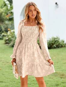 Women's Square Neck Long Sleeve Smocked Dress Fall Swing Ruffle Party Wedding Guest Mini Dress - Màu be - Xem 5