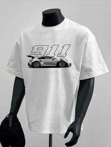 "911" New Racing Pattern Print, Men's Round Neck Short Sleeve T-Shirt Top, Comfortable, Breathable Fabric, Leisure, Sports Style, Men's 100% Cotton Streetwear T-Shirt (Choose A Larger Size To Get A Looser Effect) - trắng - Xem 2