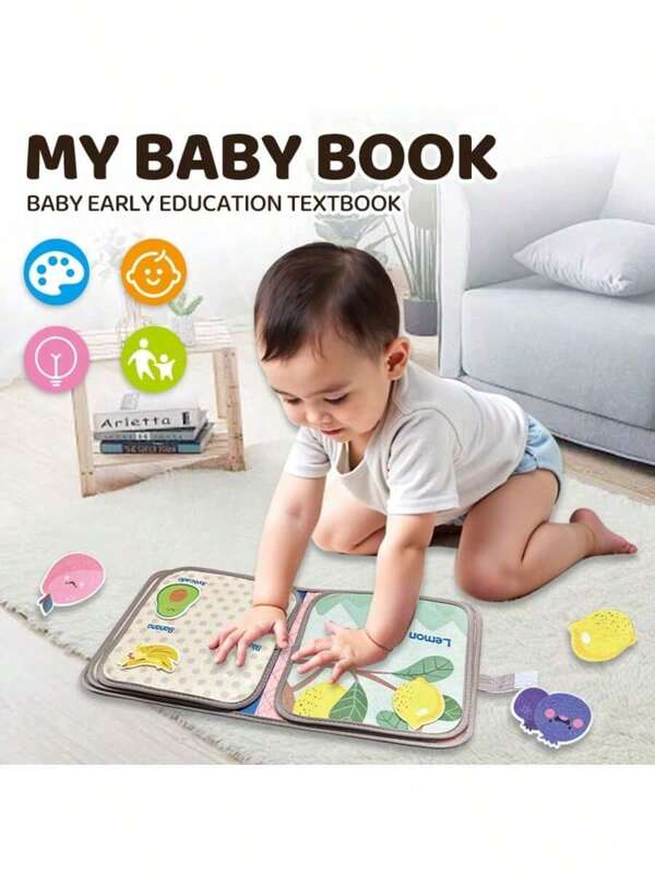 Montessori Baby Beschäftigungsbuch, Baby Stoff Lernspielzeug, 1 Set Baby Tuch Lernbuch Lernspielsachen, reißfest, Lern Spielzeug, 6 Themen (Obst, Gemüse, Bauernhof, Transport, Ozean, Tiere), Cartoon Design, Säugling Früherziehung kognitives Stoffbuch