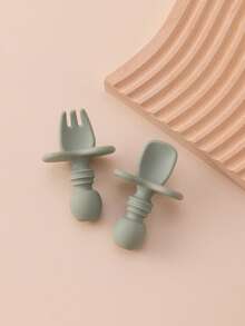 PopLittleOne 2PCS Baby Silicone Spoon Fork Solid Color Baby Utensils Feeding Training Baby Stuff Soft Baby Tableware Things For Babys - Multicolor - View 17