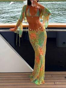 Bohemian Style Chiffon Printed Romantic Sexy Beachwear 4-Piece Set: Swimsuit, Cover-Up, Skirt