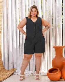 Women's Plus Size Set, Vest And Shorts Sensorial Luxury - Black - View 1