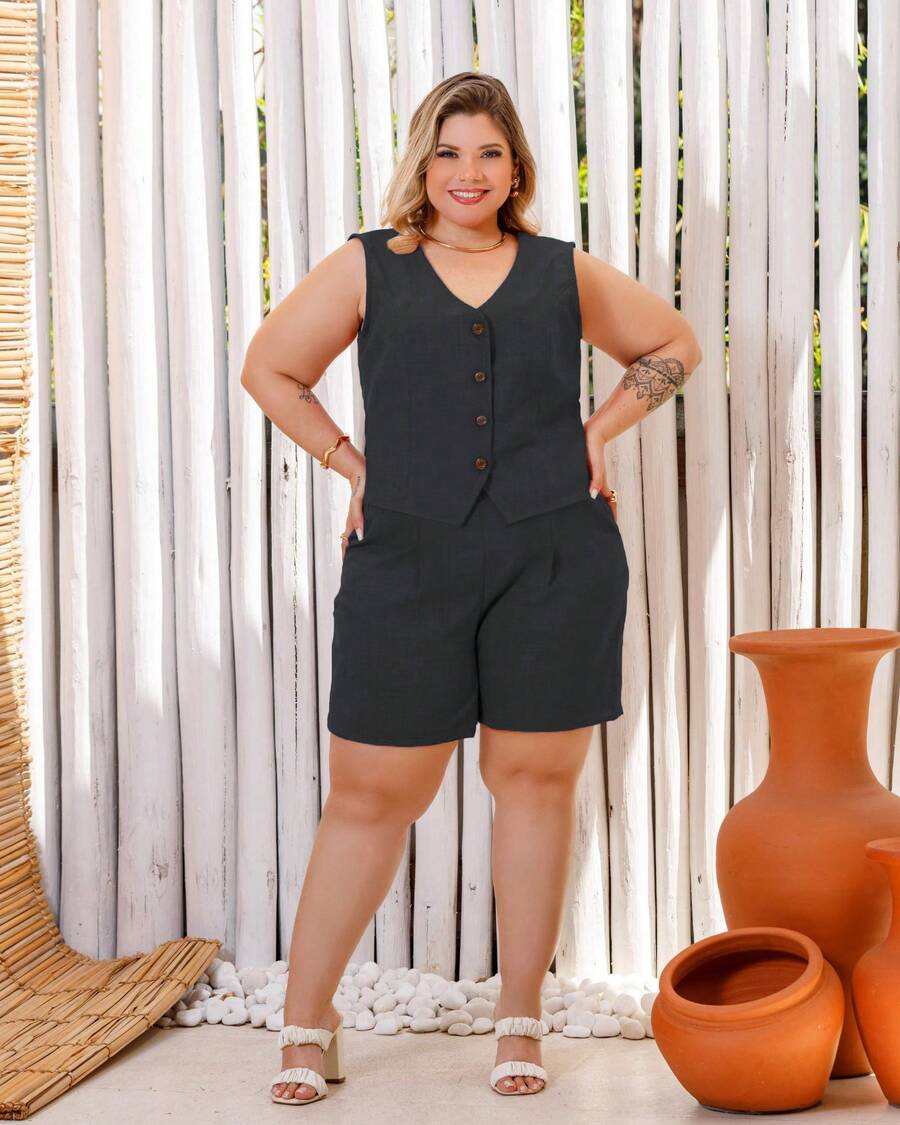 Women's Plus Size Set, Vest And Shorts Sensorial Luxury - Black - View 1