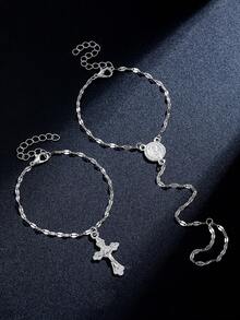 2 件波西米亚风格双层锌合金耶稣标签和十字架吊坠手链，适合节日、礼物、日常佩戴