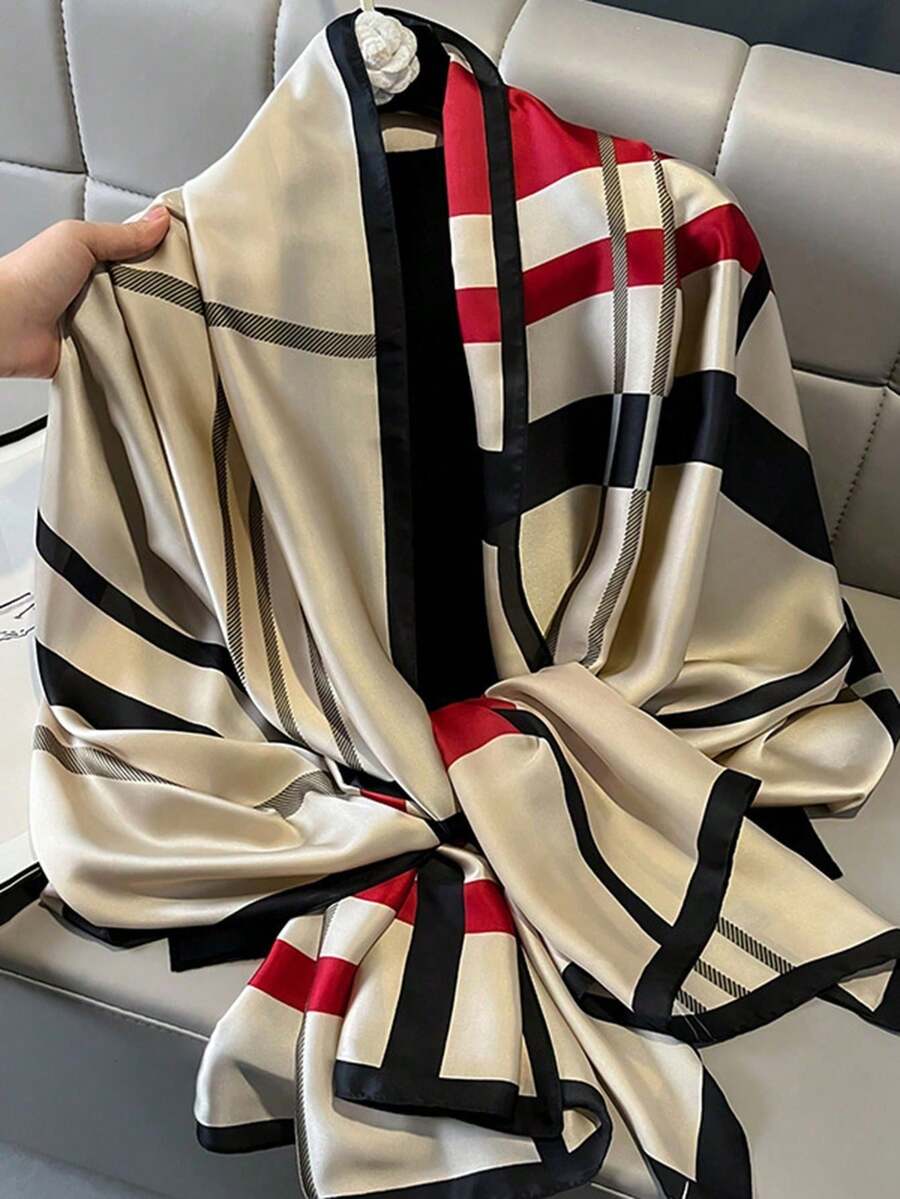 1件女士时尚条纹纯色轻薄围巾，优雅披肩，适合户外和海滩活动搭配连衣裙 - 米色 - 查看 1