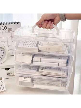 1pc 4-Layer Large Capacity Multi-Purpose Storage Box With Handle, Toy Building Block Storage Box, Stationery / Notebook / Marker Storage Box, Clear Plastic