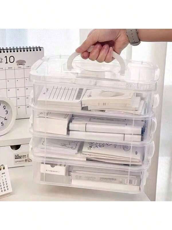 1pc 4-Layer Large Capacity Multi-Purpose Storage Box With Handle, Toy Building Block Storage Box, Stationery / Notebook / Marker Storage Box, Clear Plastic