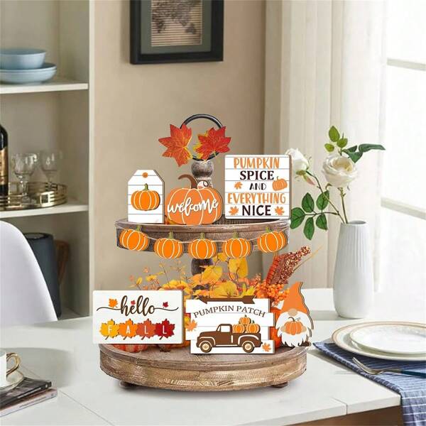 Thanksgiving Tiered Tray Decorations Set Of 8 Colorful Pumpkin Maple Leaf Wooden Fall Table Decor For Home  Party