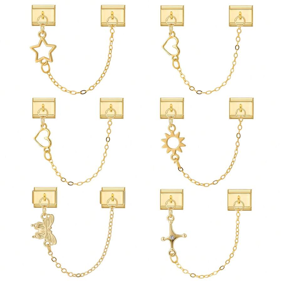 Pulseira modular italiana DIY com pingente duplo, decorada com coração, pentagrama, sol e borboleta. Ideal como presente para amigos e casais, perfeita para Natal, Ano Novo, Halloween e Dia dos Namorados. Design charmoso, joia em aço inoxidável, produto local, prático e moderno. Essencial para o Natal e o Halloween. Tom outonal sóbrio. Estilo natalino. - Fundo dourado duplo pendurado - Ver 1