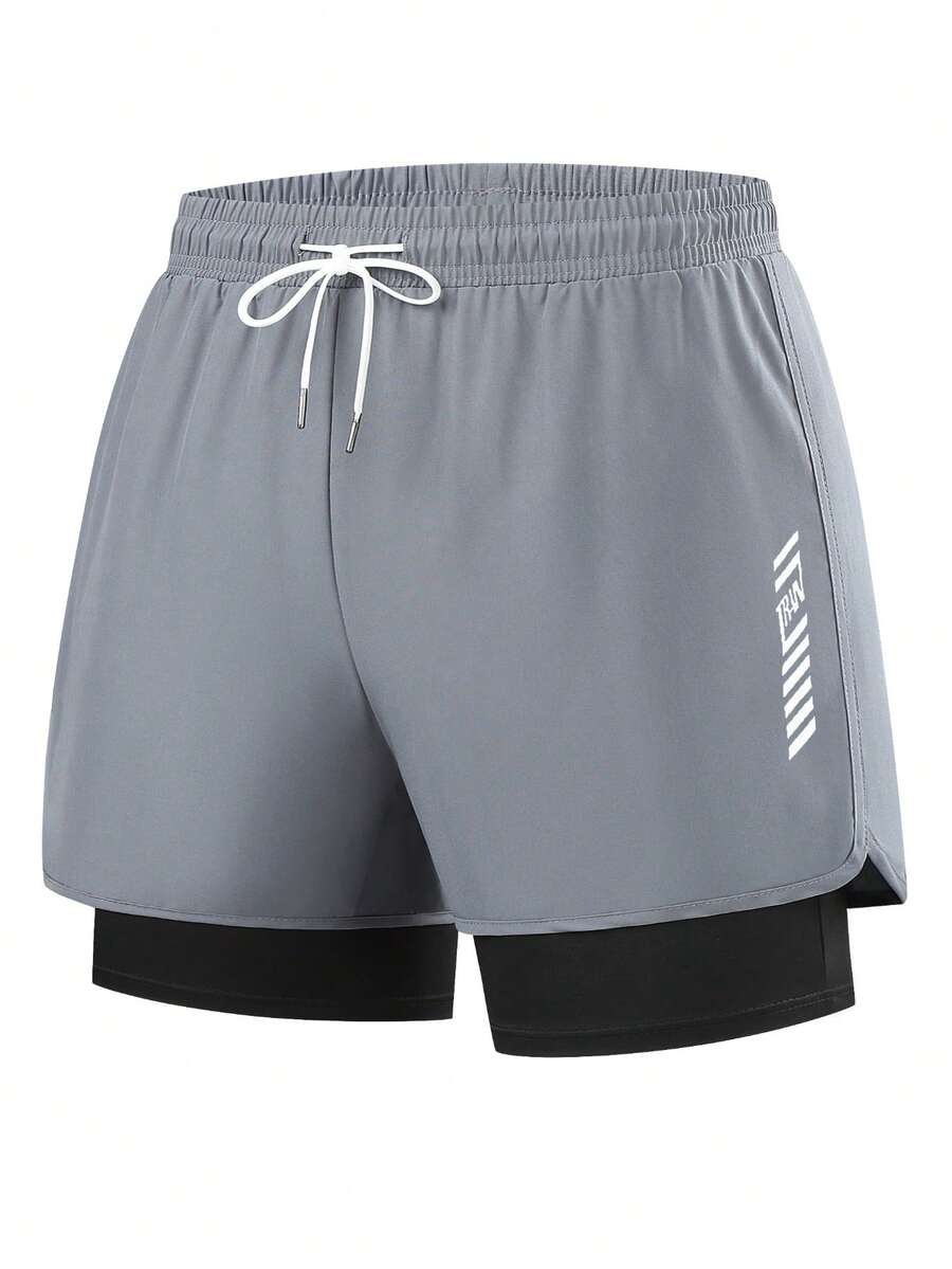 男士运动短裤 - 弹力、不透视、时尚二合一设计、适合健身和跑步、可机洗 - 灰色 - 查看 1
