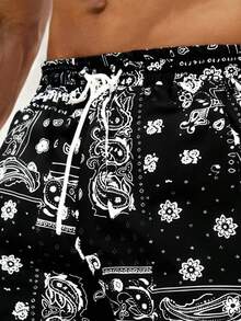 男士夏季拼色运动速干短裤，腰部抽绳，休闲沙滩短裤，佩斯利花卉印花，夏威夷 - 黑色 - 查看 4