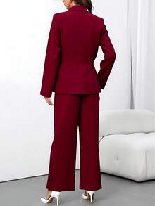 Zalla Blazer And Palazzo Pants Set With Lining And Decorative Button - Burdeos - Ver 3