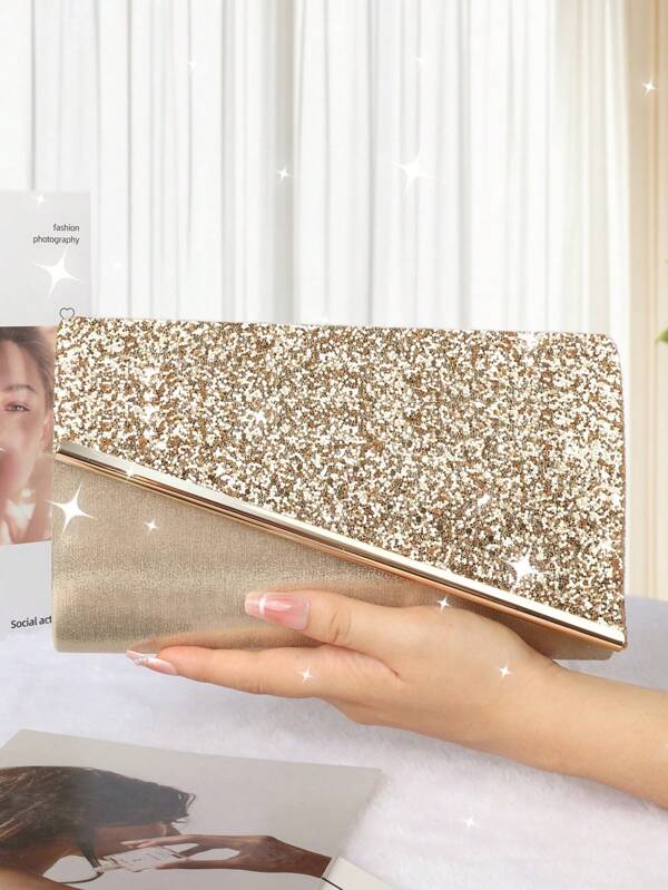 Elegant Women's Handbag, Glitter Evening Clutch Bag With Metal Decor, Suitable For Banquet, Party, Prom, Wedding, Birthday Gift, Valentine's Day Gift, Night