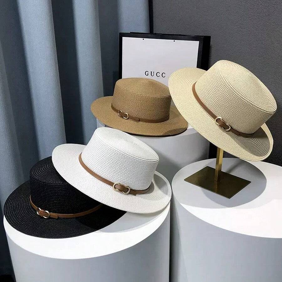 Straw Hat Women's Large Brim Sun Hat, Woven Casual Beach Hat, Fashionable Personalized Solid Color Bohemian Polyester (Polyester) Windproof UV Protection Hat, Spring/Summer