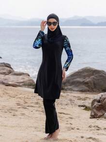 Set de 3 piezas Traje de Body entero de manga larga, pantalones y cobertor de cabeza para mujer musulmana, traje de baño de estilo conservador para el verano