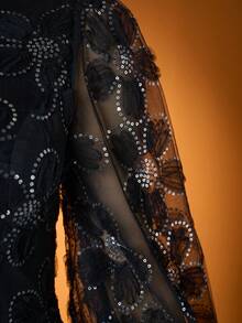 3D Floral Embroidered Pearl Collar Lantern Sleeve Elegant High Neck Illusion Prom Dress, Suitable For Prom, Wedding, Party, Wedding Guest, Evening Gown - Black - View 9