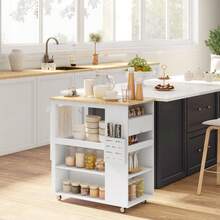 HOMCOM Carrello da Cucina con Ruote, Ripiani Regolabili e Portacoltelli, Isola Cucina con Piano di Lavoro in Legno di Caucciù, per Cucina e Soggiorno, 86.5x47x88 cm, Bianco - Bianco - Visualizzare 9