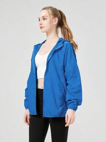 1 件女士轻质防水夹克，休闲风衣外套，速干运动服，黑色长袖女士运动夹克，长袖女士上衣，带储物袋 - 寶藍色 - 查看 4