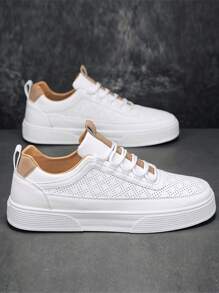 男士休闲帆布运动鞋，简约纯色系带低帮硫化鞋，透气穿孔皮革，适合校园、学生、青少年、春夏季、所有季节，防滑厚底滑板鞋