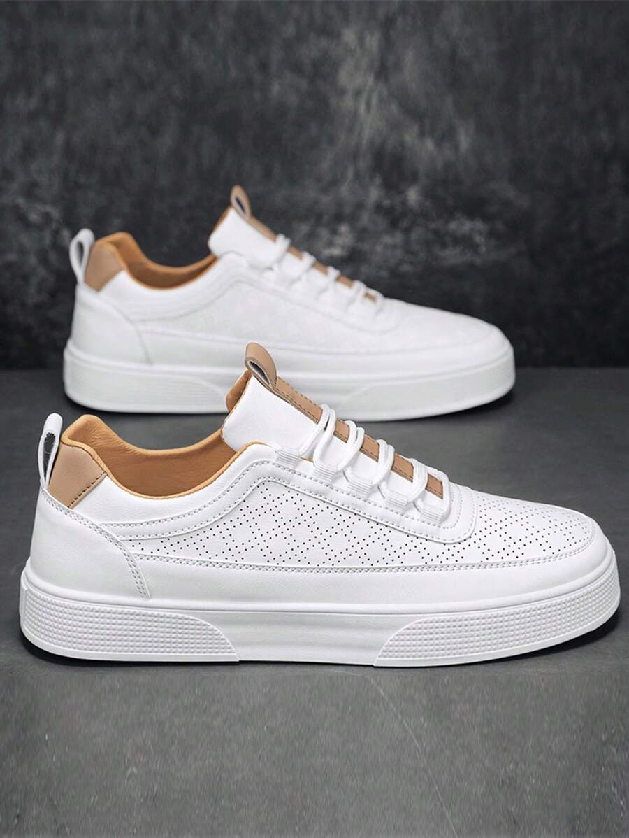 男士休闲帆布运动鞋，简约纯色系带低帮硫化鞋，透气穿孔皮革，适合校园、学生、青少年、春夏季、所有季节，防滑厚底滑板鞋