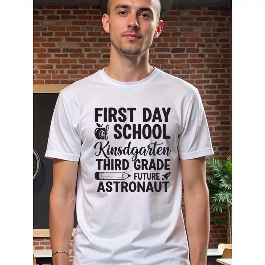 Fine Quality Natee Local Warehouse Permission First Day Of School: Kindergarten To Future Astronaut T-Shirt, Men's T-Shirt,100% Cotton Fabric,Crew Neck,Short Sleeve,Regular Fit,All-Season Casual Wear,180gsm-Ideal For Valentines New Year's Day Father's Day Christmas - 黑色 - 查看 1