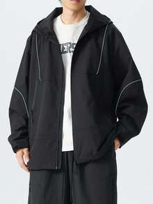 Men Plus Size Long Sleeve Hooded Jacket, Casual Short Outerwear , Fall - Black - View 3