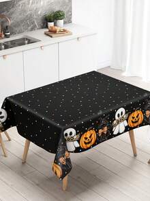 1pc Black Halloween Theme Decorative Tablecloth, Ghost Pumpkin Black Cat Pattern PE Material Halloween Tablecloth, Happy Halloween Decorative Tablecloth, Halloween Cabinet Decoration Cover, Dining Table Centerpiece Decoration Tablecloth Set, Halloween Event Decoration Table Runner, Outdoor Party Disposable Tablecloth - Halloween Pumpkin Ghost Black Background - View 5