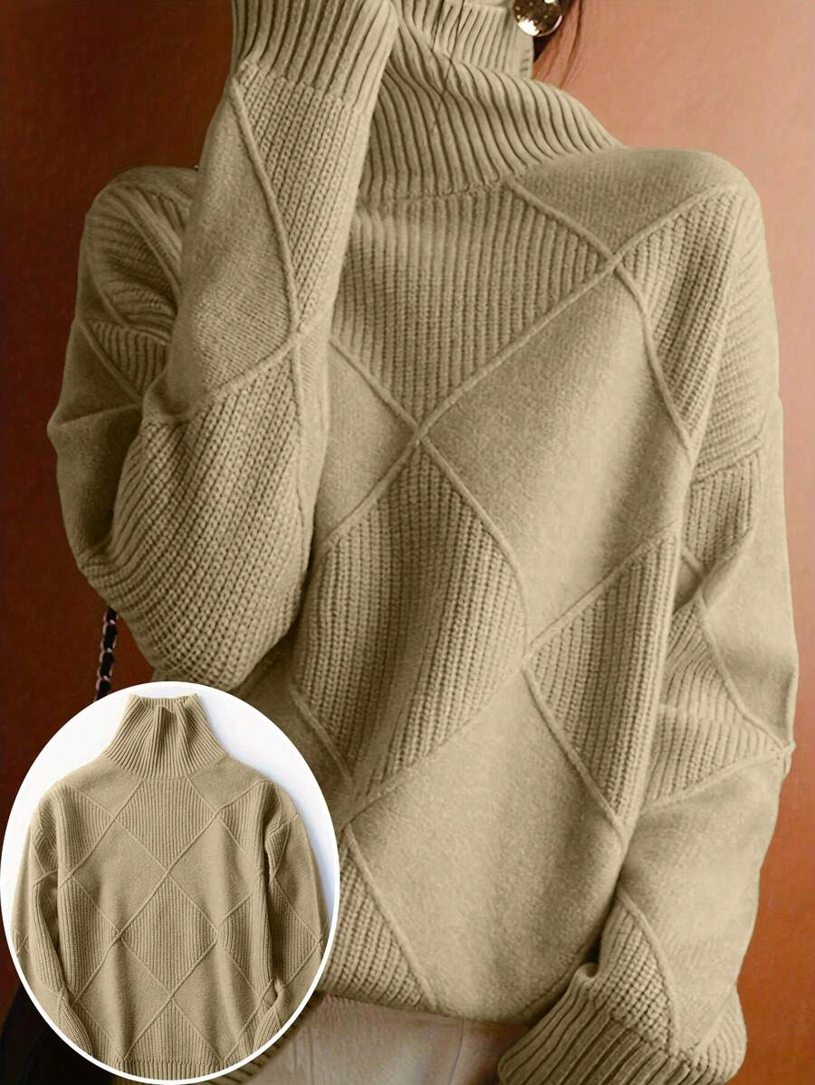 女士休闲加大码高领毛衣，秋冬季 - 卡其色 - 查看 1