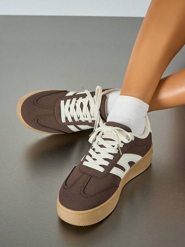 Zapatos planos de lona con punta redonda y sin cordones para mujer, mocasines casuales, tenis de estudiante para uso diario, con cordones y contraste de color