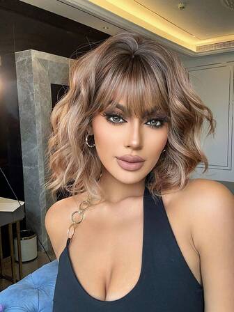 Honey Brown Good Quality Synthetic Wigs 14 Inch Short Water Wave Wigs Daily Party Cosplay Use