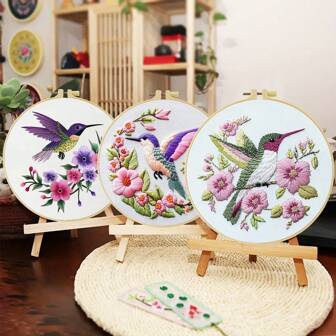 1 set de kit de bordado, 20x20cm/7.9x7.9 pulgadas, kit de bordado a mano con patrón de picaflor y flor, adecuado para principiantes adultos, incluye tela de bordado, instrucciones, bastidor de bordado, hilos, regalo para amigos o familiares, decoración, manualidades de oficina