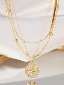 Stunning Copper Round Hollow Star Sun Inlaid With Shining Cubic Zirconia Pendant, With Stainless Steel Gold Wire Wide Flat Blade Chain Layered Design Necklace, Suitable For Women's Beach Party Wear - 金黃色 - 查看 3