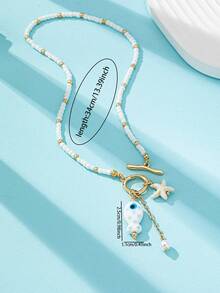 1pc Handmade Summer Ocean Bohemian Style Seed Beads Fish Starfish Charm Necklace, Buckle Closure Necklace With Sea Creature Pendant, Vacation Vibes Women Boho Jewelry (Color And Shape May Vary) - Multicolor - View 3