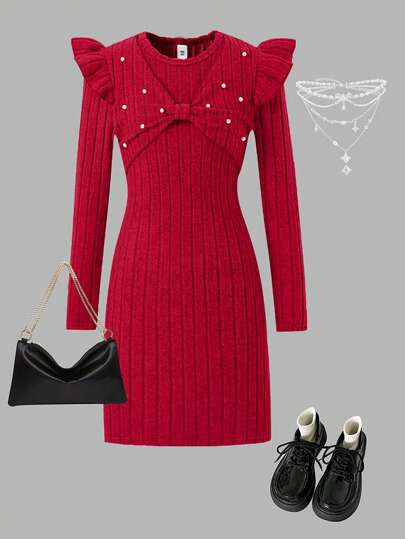 Robe pull col rond à manches longues pour filles, avec manches papillon, décoration nœud et accent perlé. Robe ajustée décontractée convenant pour les fêtes et le port quotidien