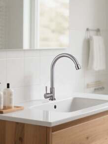 Clásica Llave Individual de Acero Inoxidable, Grifo de Agua Fría para Fregadero, Cuello de Salida de Agua en Arco Giratorio 360°, Aplicable para Lavabos de Baño y Fregaderos de Cocina - Plateado - Ver 3