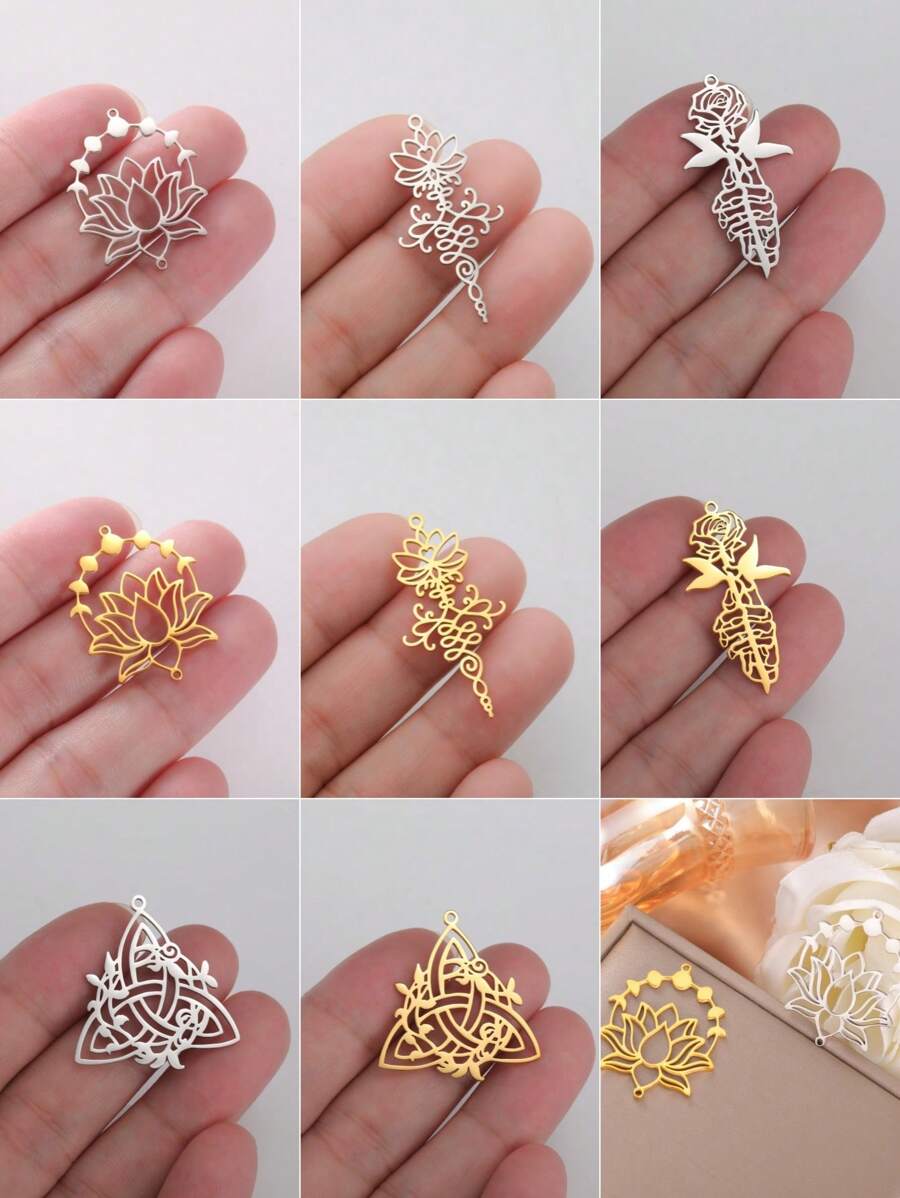 1 pieza Colgante de flor de loto, luna y enredadera de acero inoxidable creativo, accesorio de patrón botánico hecho a mano para collar, llavero, colgante de bolso